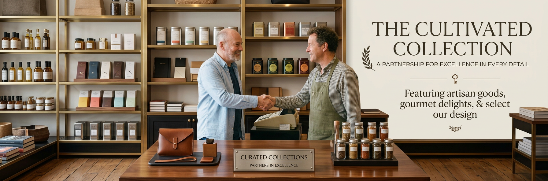 Customer and bookstore owner shaking hands by the checkout counter